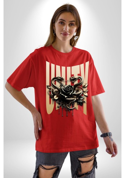 Yapay Zeka Gül Yılan Altın Siyah Gül 3D Grafik Baskılı Pamuklu Penye Kadın Erkek Kırmızı Tişört