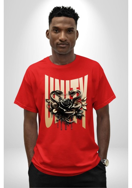 Yapay Zeka Gül Yılan Altın Siyah Gül 3D Grafik Baskılı Pamuklu Penye Kadın Erkek Kırmızı Tişört indirimleri