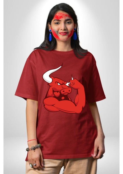 Kırmızı Boğa Maskotu Grafik Baskılı Pamuklu Penye Kadın Erkek Kırmızı Tişört