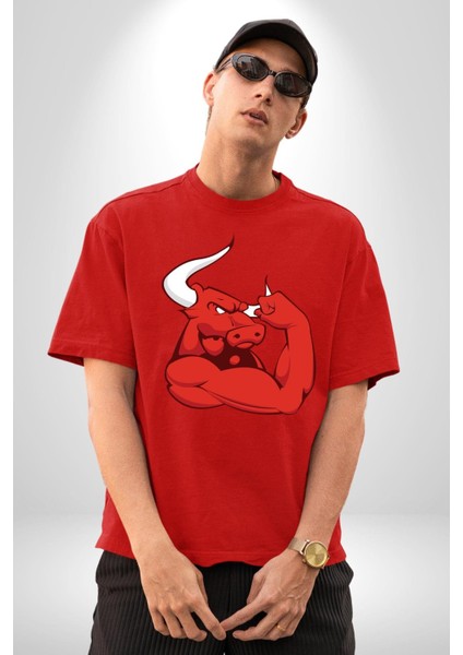 Kırmızı Boğa Maskotu Grafik Baskılı Pamuklu Penye Kadın Erkek Kırmızı Tişört fiyatları
