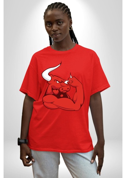 Kırmızı Boğa Maskotu Grafik Baskılı Pamuklu Penye Kadın Erkek Kırmızı Tişört fırsatları