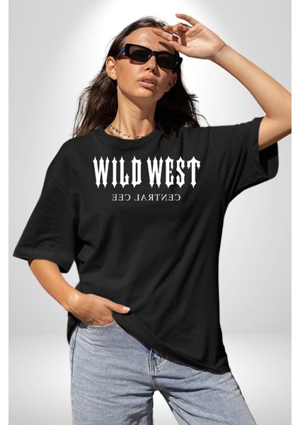 Wild West Central Cee Müzik Grafik Baskılı Pamuklu Penye Kadın Erkek Siyah Tişört fırsatları