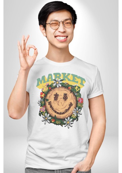 Gülen Market Ağaç Çiçek Mantar Grafik Baskılı Pamuklu Penye Kadın Erkek Beyaz Tişört
