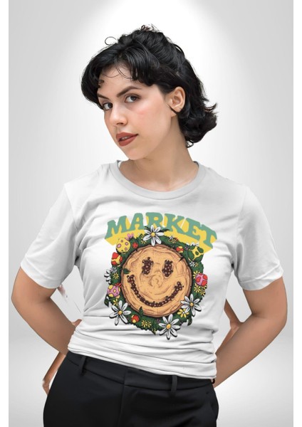 Gülen Market Ağaç Çiçek Mantar Grafik Baskılı Pamuklu Penye Kadın Erkek Beyaz Tişört fiyatları