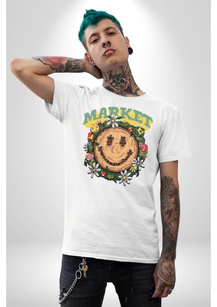 Gülen Market Ağaç Çiçek Mantar Grafik Baskılı Pamuklu Penye Kadın Erkek Beyaz Tişört modelleri