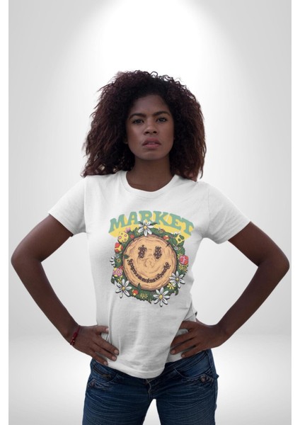 Gülen Market Ağaç Çiçek Mantar Grafik Baskılı Pamuklu Penye Kadın Erkek Beyaz Tişört fırsatları