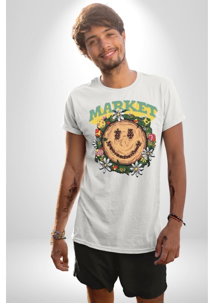 Gülen Market Ağaç Çiçek Mantar Grafik Baskılı Pamuklu Penye Kadın Erkek Beyaz Tişört indirimleri