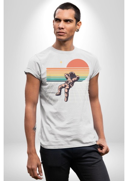 Uzay Adamı Tasarımı Grafik Baskılı Pamuklu Penye Kadın Erkek Beyaz Tişört