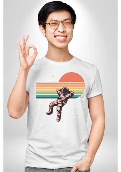 Uzay Adamı Tasarımı Grafik Baskılı Pamuklu Penye Kadın Erkek Beyaz Tişört fiyatları