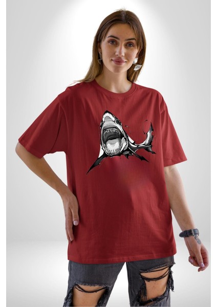 Dövme Shark Okyanus Köpekbalığı Grafik Baskılı Pamuklu Penye Kadın Erkek Kırmızı Tişört fiyatları