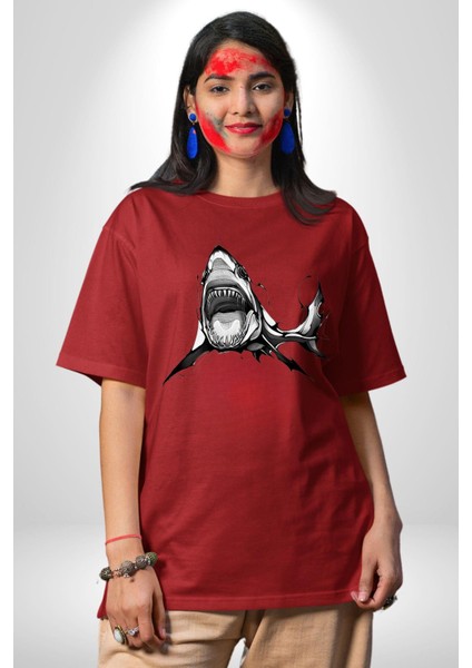 Dövme Shark Okyanus Köpekbalığı Grafik Baskılı Pamuklu Penye Kadın Erkek Kırmızı Tişört indirimleri