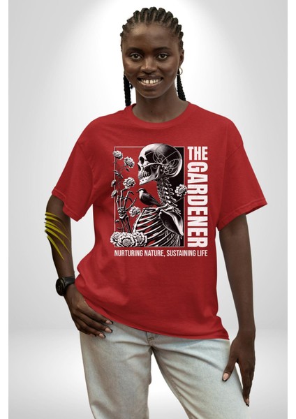 Iskelet Aşkı Kuş Kırk Kalp ve Kuru Çiçekler Grafik Baskılı Pamuklu Penye Kadın Erkek Kırmızı Tişört