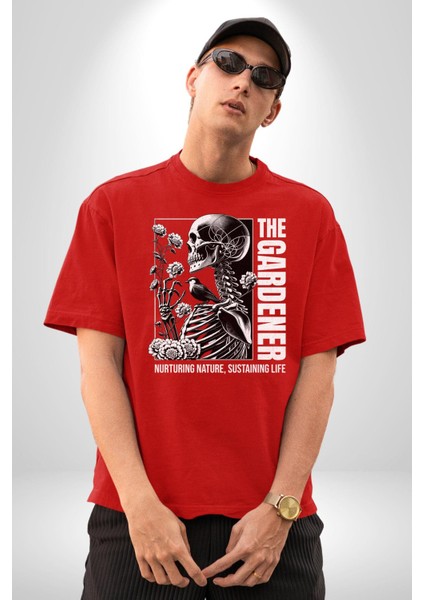 Iskelet Aşkı Kuş Kırk Kalp ve Kuru Çiçekler Grafik Baskılı Pamuklu Penye Kadın Erkek Kırmızı Tişört modelleri