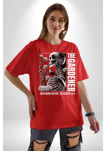 Iskelet Aşkı Kuş Kırk Kalp ve Kuru Çiçekler Grafik Baskılı Pamuklu Penye Kadın Erkek Kırmızı Tişört fırsatları