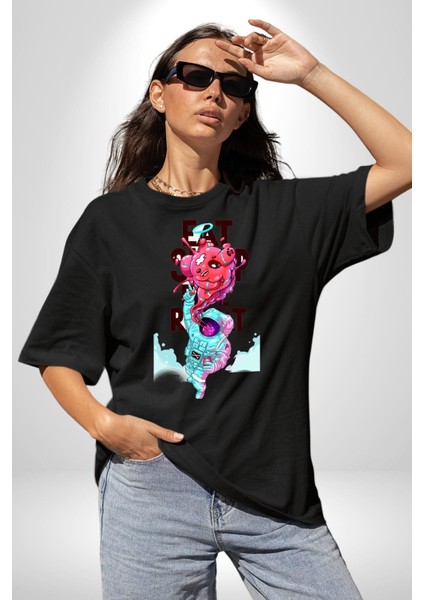 Space Party Astronaut Absürt Neon Renkli Uzay Grafik Baskılı Pamuklu Penye Kadın Erkek Siyah Tişört fiyatları