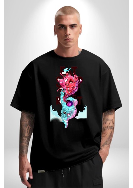 Space Party Astronaut Absürt Neon Renkli Uzay Grafik Baskılı Pamuklu Penye Kadın Erkek Siyah Tişört fırsatları