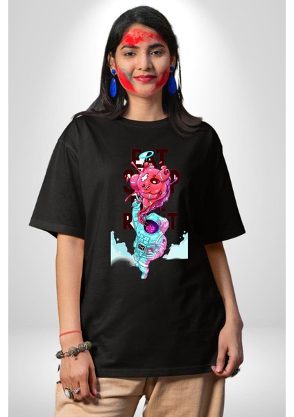 Space Party Astronaut Absürt Neon Renkli Uzay Grafik Baskılı Pamuklu Penye Kadın Erkek Siyah Tişört indirimleri