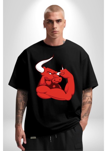 Kırmızı Boğa Maskotu Grafik Baskılı Pamuklu Penye Kadın Erkek Siyah Tişört