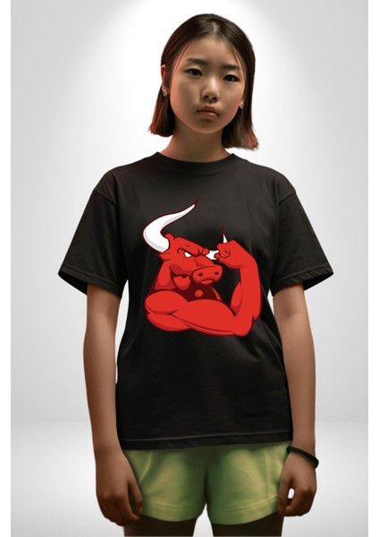 Kırmızı Boğa Maskotu Grafik Baskılı Pamuklu Penye Kadın Erkek Siyah Tişört modelleri