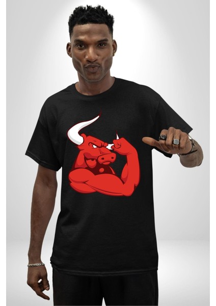 Kırmızı Boğa Maskotu Grafik Baskılı Pamuklu Penye Kadın Erkek Siyah Tişört fırsatları
