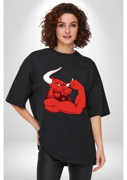 Kırmızı Boğa Maskotu Grafik Baskılı Pamuklu Penye Kadın Erkek Siyah Tişört indirimleri