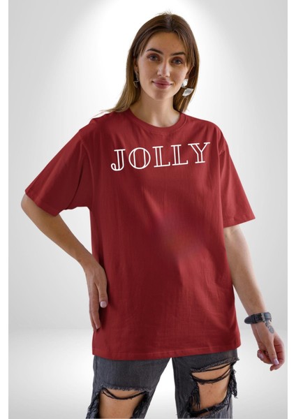 Jolly Neşeli Yazılı Grafik Baskılı Pamuklu Penye Kadın Erkek Kırmızı Tişört indirimleri