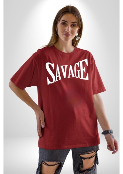 Vahşi Yazılı Grafik Baskılı Pamuklu Penye Kadın Erkek Kırmızı Tişört