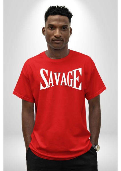 Vahşi Yazılı Grafik Baskılı Pamuklu Penye Kadın Erkek Kırmızı Tişört fiyatları