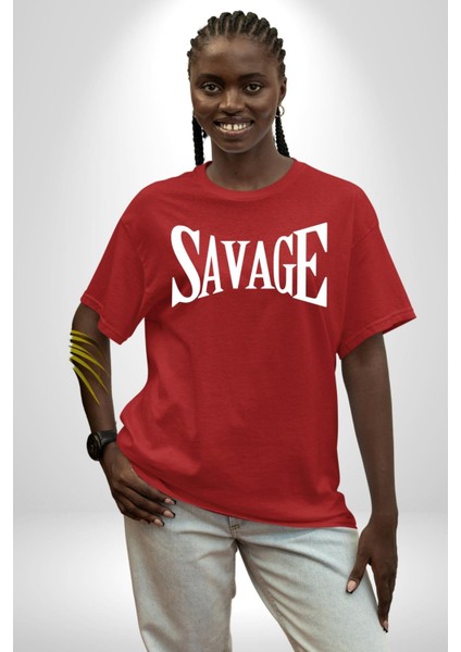 Vahşi Yazılı Grafik Baskılı Pamuklu Penye Kadın Erkek Kırmızı Tişört modelleri