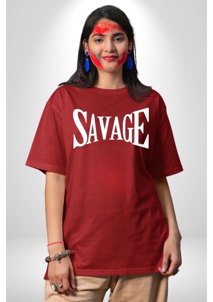 Vahşi Yazılı Grafik Baskılı Pamuklu Penye Kadın Erkek Kırmızı Tişört fırsatları