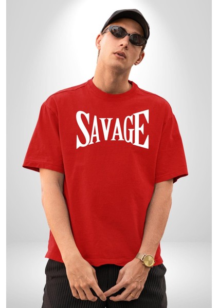 Vahşi Yazılı Grafik Baskılı Pamuklu Penye Kadın Erkek Kırmızı Tişört indirimleri