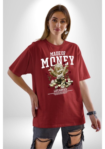 Aşk Meleği Para Kazandım Hayat Tavsiyesi Grafik Baskılı Pamuklu Penye Kadın Erkek Kırmızı Tişört