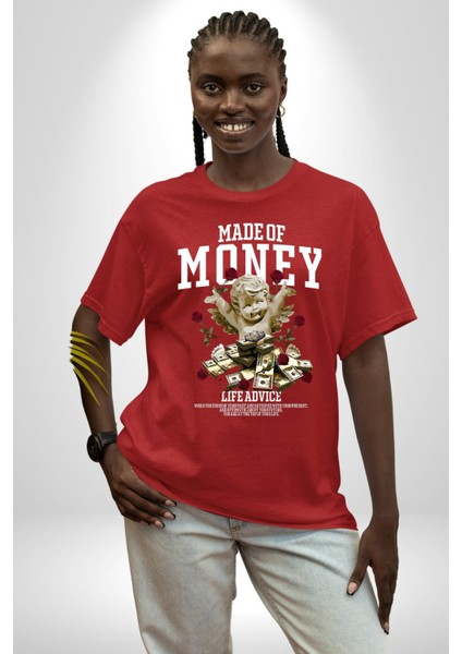 Aşk Meleği Para Kazandım Hayat Tavsiyesi Grafik Baskılı Pamuklu Penye Kadın Erkek Kırmızı Tişört modelleri