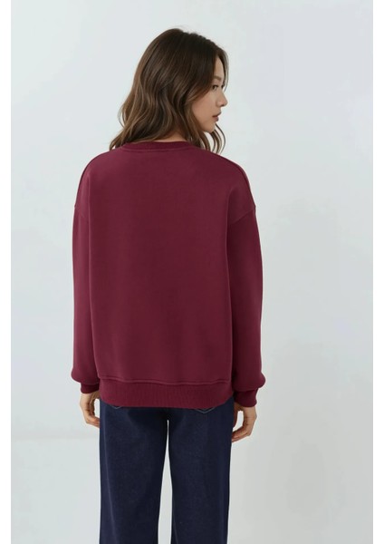 Kadın İşlemeli Yuvarlak Yaka Sweatshirt Kiraz Kırmızısı modelleri