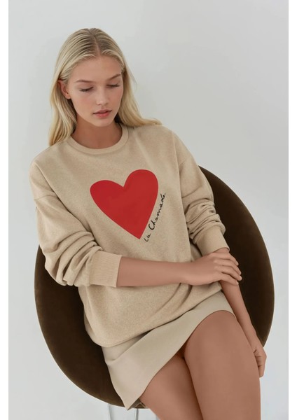 Kadın Baskılı Yuvarlak Yaka Sweatshirt Bej Doğal