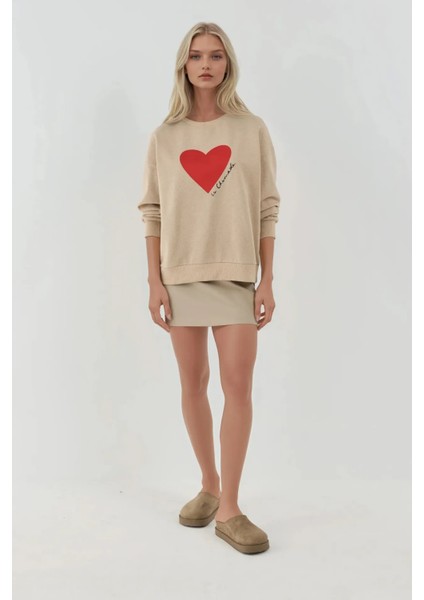 Kadın Baskılı Yuvarlak Yaka Sweatshirt Bej Doğal indirimleri