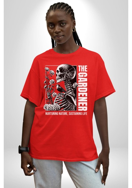 Iskelet Aşkı Kuş Kırk Kalp ve Kuru Çiçekler Grafik Baskılı Pamuklu Penye Kadın Erkek Kırmızı Tişört indirimleri