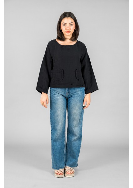 Müslin Kadın Cep Detaylı Uzun Kol Bluz