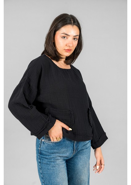 Müslin Kadın Cep Detaylı Uzun Kol Bluz fırsatları