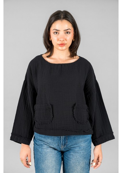 Müslin Kadın Cep Detaylı Uzun Kol Bluz