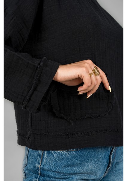 Müslin Kadın Cep Detaylı Uzun Kol Bluz