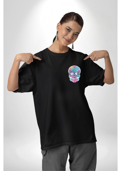 Şeker Kafatası (Day Of The Dead) Minimal Cep Baskılı Pamuklu Penye Kadın Erkek Siyah Tişört