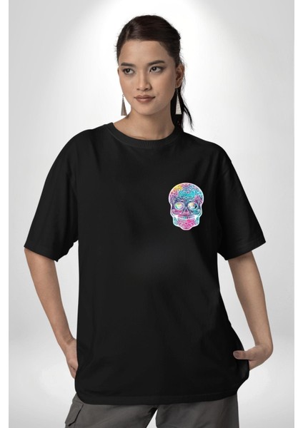 Şeker Kafatası (Day Of The Dead) Minimal Cep Baskılı Pamuklu Penye Kadın Erkek Siyah Tişört fiyatları