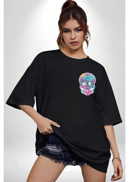 Şeker Kafatası (Day Of The Dead) Minimal Cep Baskılı Pamuklu Penye Kadın Erkek Siyah Tişört modelleri