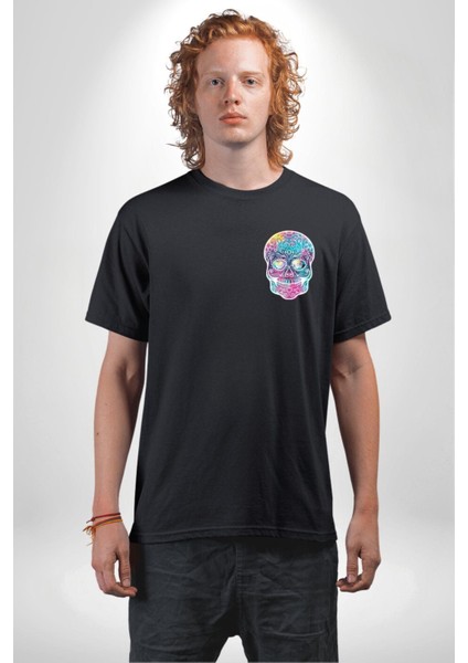 Şeker Kafatası (Day Of The Dead) Minimal Cep Baskılı Pamuklu Penye Kadın Erkek Siyah Tişört fırsatları
