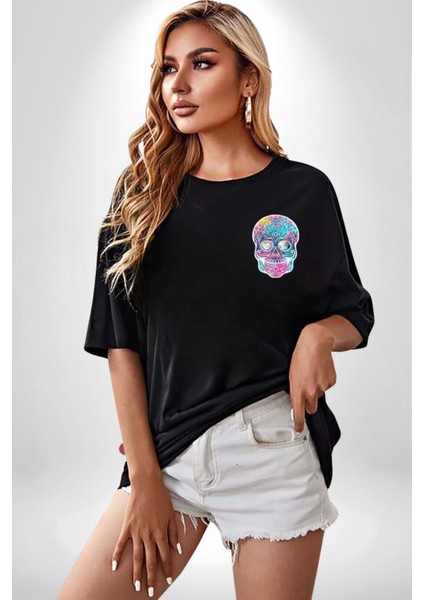 Şeker Kafatası (Day Of The Dead) Minimal Cep Baskılı Pamuklu Penye Kadın Erkek Siyah Tişört indirimleri