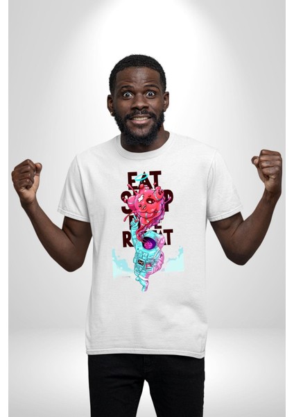 Space Party Astronaut Absürt Neon Renkli Uzay Grafik Baskılı Pamuklu Penye Kadın Erkek Beyaz Tişört