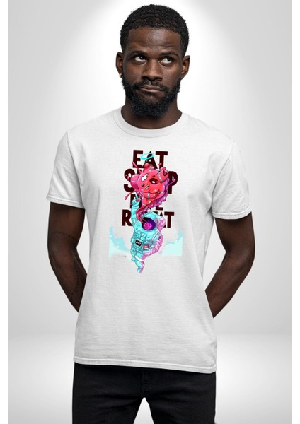 Space Party Astronaut Absürt Neon Renkli Uzay Grafik Baskılı Pamuklu Penye Kadın Erkek Beyaz Tişört modelleri