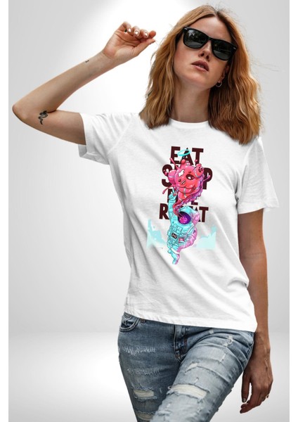 Space Party Astronaut Absürt Neon Renkli Uzay Grafik Baskılı Pamuklu Penye Kadın Erkek Beyaz Tişört fırsatları