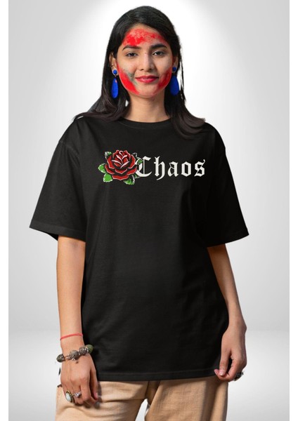 Kırmızı Gül Kaos Grafik Baskılı Pamuklu Penye Kadın Erkek Siyah Tişört modelleri